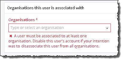 User must be associated with at least one organization.